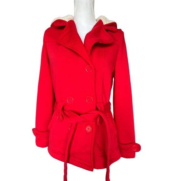 New Look Jackets & Blazers - New Look Women Hooded Jacket Sz M Red Sherpa Hood Fleece Interior Belted Pockets
